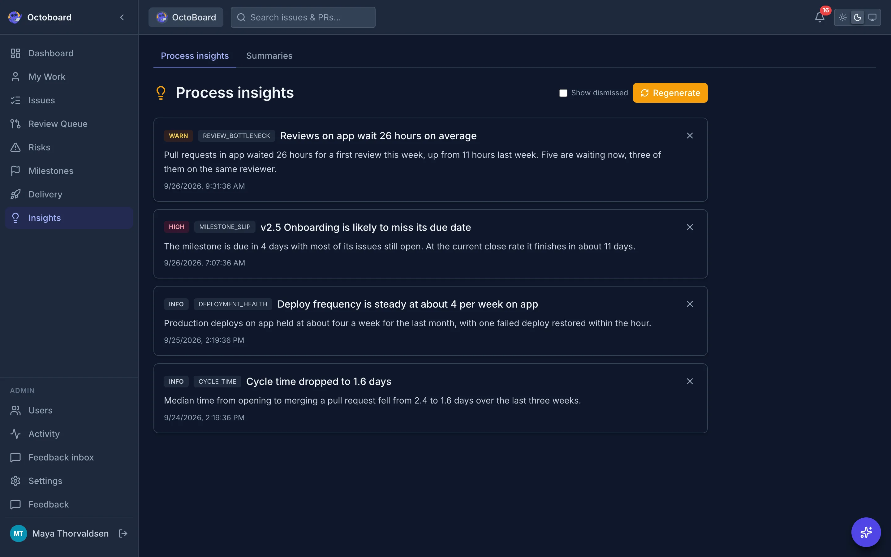 Process insights page listing AI written findings about cycle time, throughput and milestone slippage, each tagged by severity