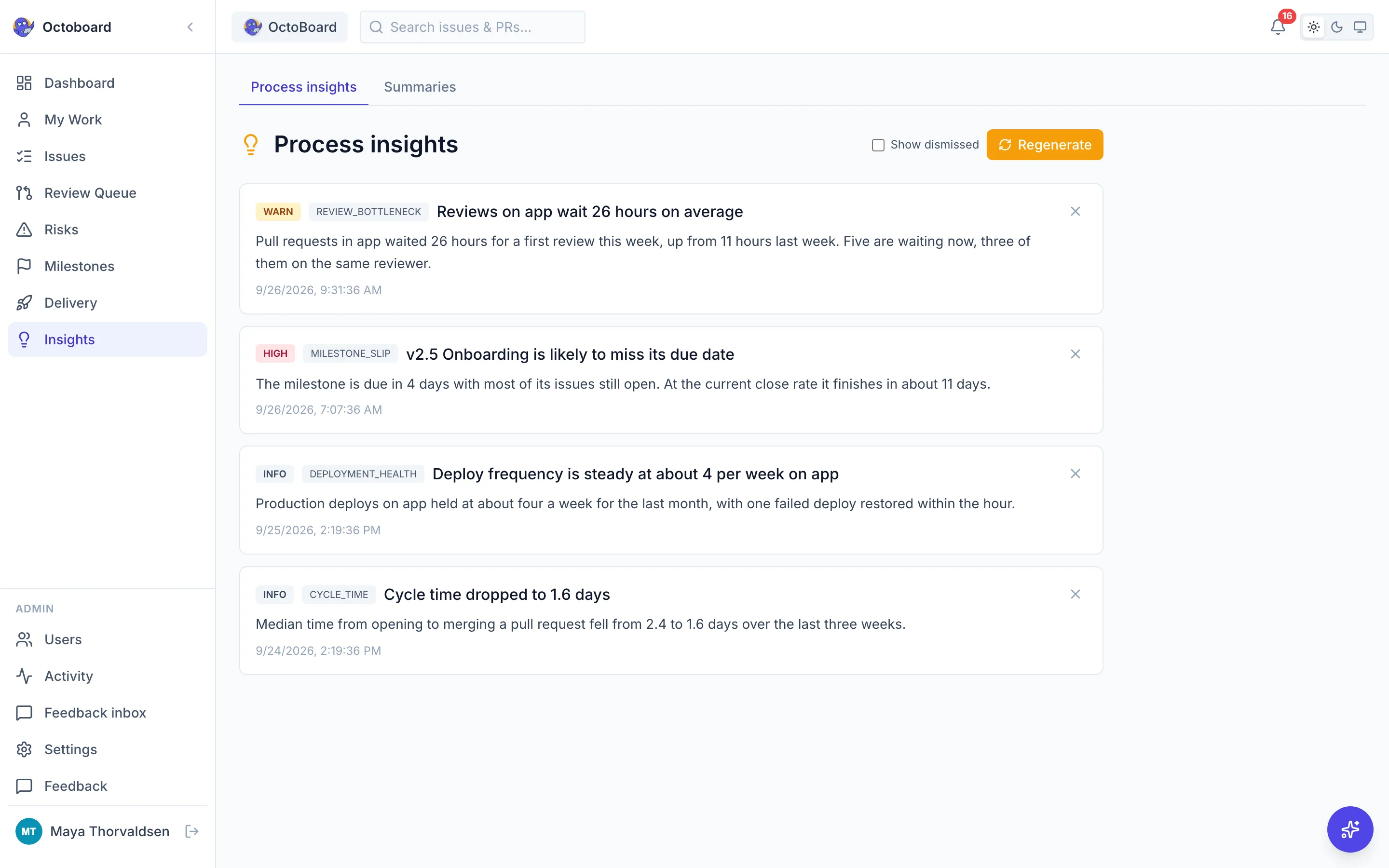 Process insights page listing AI written findings about cycle time, throughput and milestone slippage, each tagged by severity