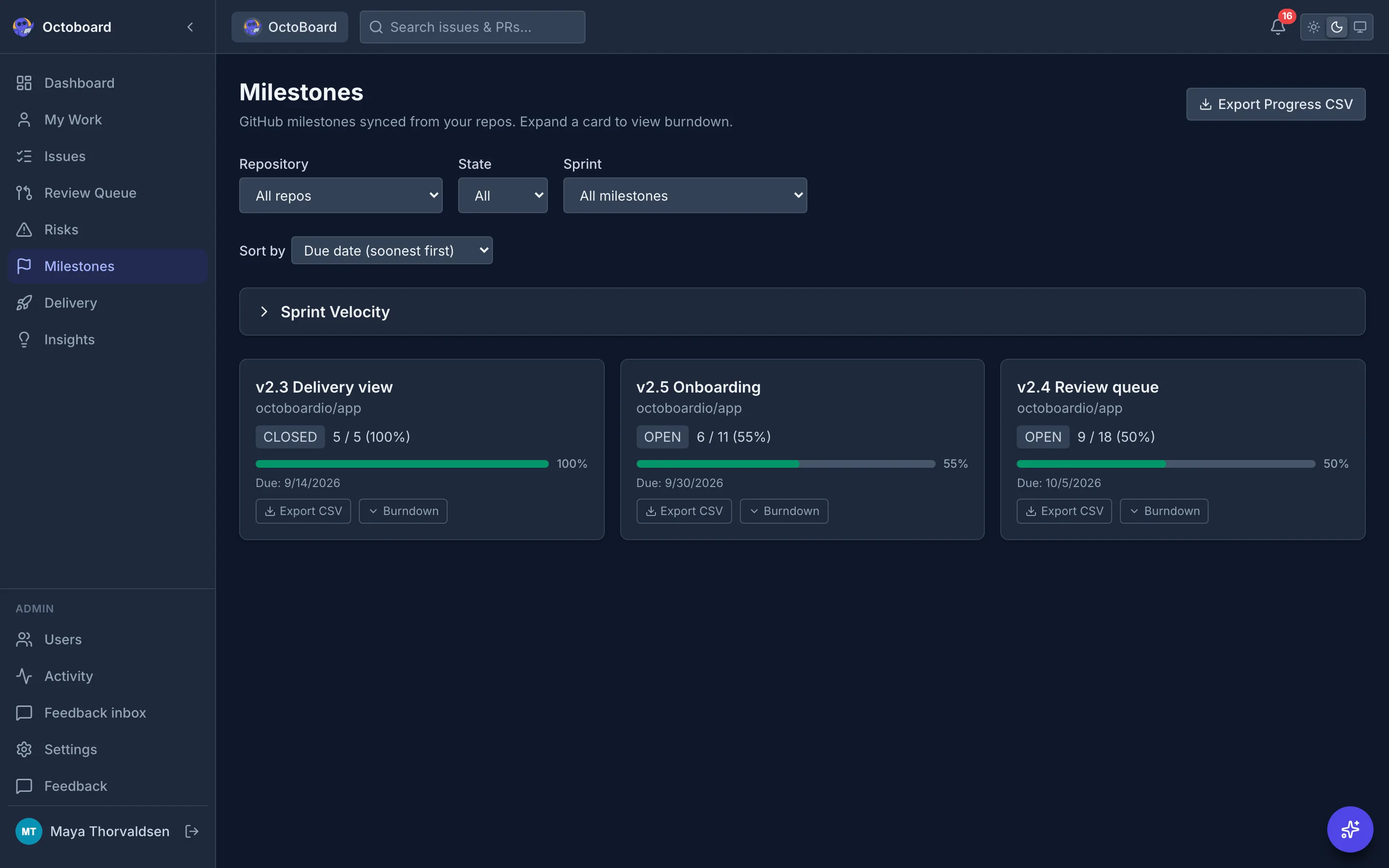 Milestones page with a progress bar, due date and open and closed issue counts for each milestone