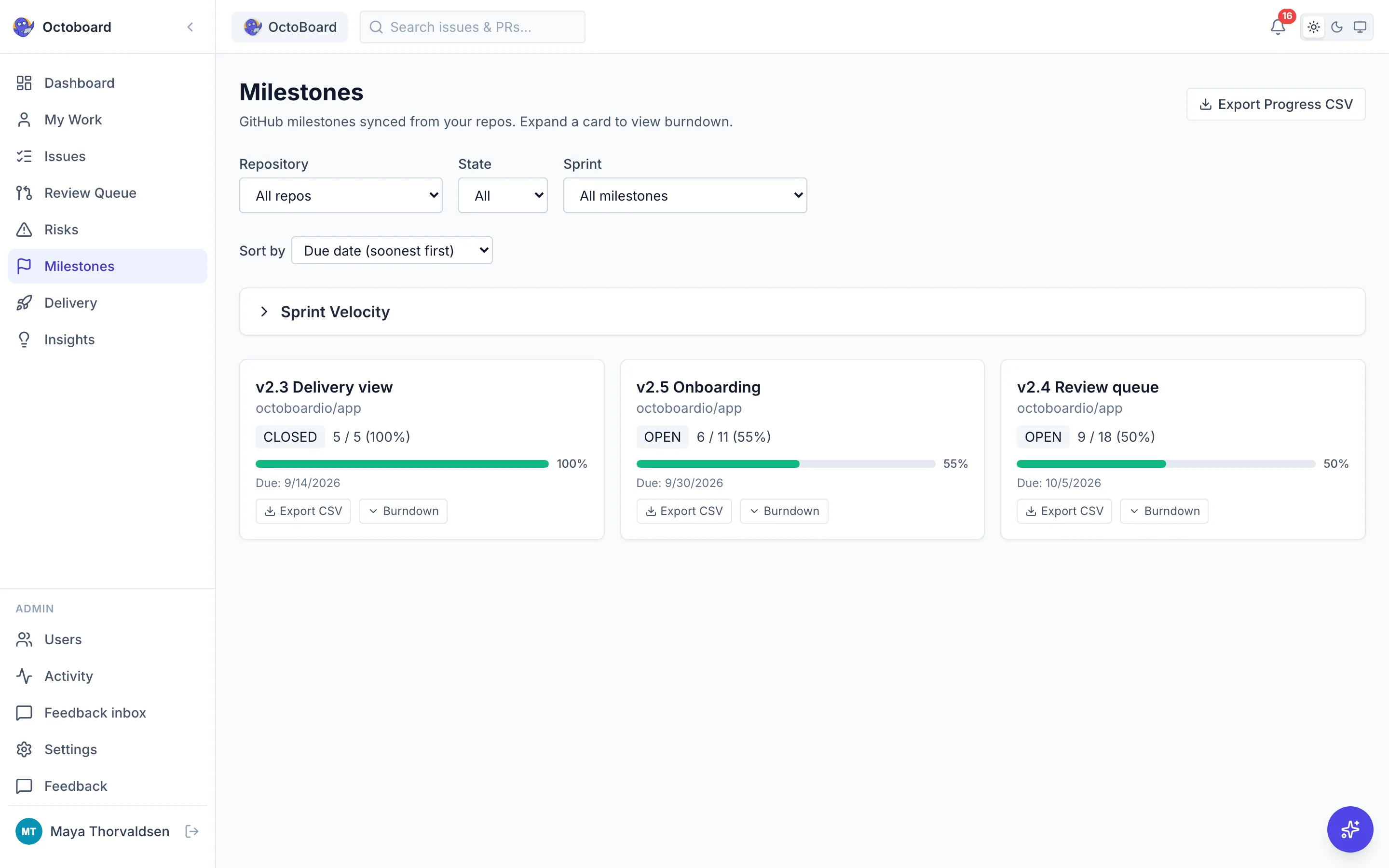 Milestones page with a progress bar, due date and open and closed issue counts for each milestone