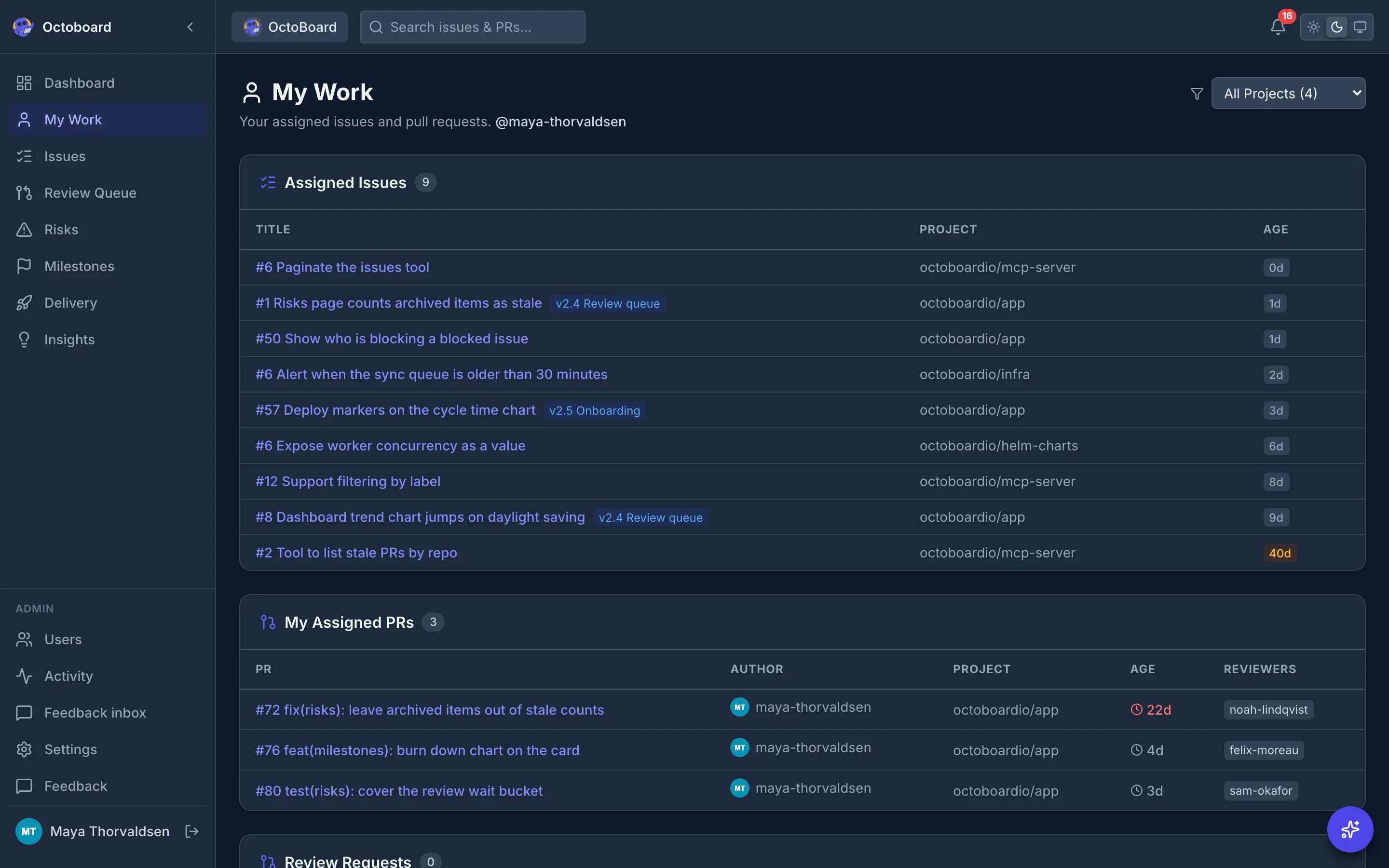 My Work page with sections for assigned issues, my assigned pull requests and review requests